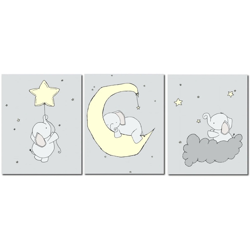 Elephant Moon and Stars Nursery Art Pale Yellow and Gray Set Of 3 Prints Decor